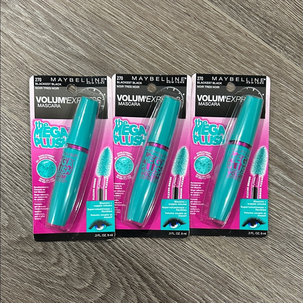 NEW 3X Maybelline Volum' Express the Mega Plush Mascara #270 blackest black